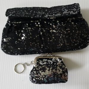Natasha black sequined evening clutch bag and coin